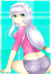 Rule 34 | 1girl, animal ears, aogu, ass, back, breasts, from behind, green eyes, highres, long hair, looking back, off shoulder, open mouth, original, parted lips, ponytail, shorts, sitting, solo, very long hair, white hair
