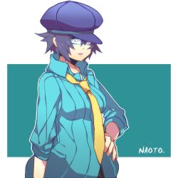 Rule 34 | 1girl, androgynous, atlus, blue eyes, blue hair, breasts, cabbie hat, crossdressing, female focus, glasses, hand on own hip, hat, hip focus, large breasts, looking at viewer, matching hair/eyes, necktie, persona, persona 4, reverse trap, shirogane naoto, short hair, solo, tomboy, yoshian, yoshian2