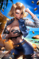 Rule 34 | 1girl, android 18, ayya sap, beach, belt, belt buckle, black nails, black pantyhose, blonde hair, blue eyes, blue sky, breast hold, breasts, buckle, cleavage, clenched hand, contrapposto, day, denim, denim skirt, denim vest, dragon ball, dragonball z, earrings, eyeliner, floating rock, jewelry, large breasts, lips, looking at viewer, makeup, nail polish, nose, ocean, pantyhose, patreon username, puckered lips, short hair, signature, skirt, sky, solo, standing, striped, torn clothes, torn pantyhose, torn skirt