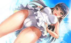 Rule 34 | &gt;:o, 10s, 1girl, :o, armpits, black hair, breasts, cameltoe, casual one-piece swimsuit, cleft of venus, covered erect nipples, day, frills, from below, green eyes, hand on own hip, kamishiro ryuu, kurosawa dia, long hair, looking at viewer, love live!, love live! sunshine!!, mole, mole under mouth, one-piece swimsuit, skirt, solo, swimsuit, thighs, upskirt, v-shaped eyebrows