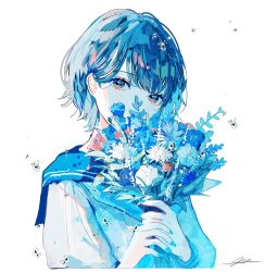 Rule 34 | 1girl, blue flower, blue nails, blue theme, bouquet, covered mouth, flower, hagimorijia, highres, holding, holding bouquet, long sleeves, looking at viewer, multicolored hair, nail polish, original, pink flower, plant, sailor collar, shirt, short hair, signature, simple background, solo, upper body, water drop, white background, white shirt