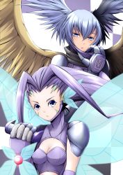 Rule 34 | 2girls, black scarf, blue eyes, blue hair, blush, breasts, butterfly wings, claws, cleavage, commentary request, covered collarbone, cropped torso, digimon, digimon (creature), elbow gloves, eyebrows hidden by hair, facial mark, fairimon, feathered wings, garter straps, gauntlets, gloves, hair between eyes, hair wings, hand up, head wings, highres, holding, holding removed eyewear, insect wings, long hair, looking at viewer, mask, mask pull, medium breasts, midriff, mitosupa (qsiqydfz7nesh9w), mouth mask, multiple girls, parted bangs, parted lips, purple background, purple gloves, purple hair, scarf, see-through, shoulder pads, shutumon, sidelocks, simple background, two-tone background, unworn eyewear, unworn mask, upper body, very long hair, visor, white background, wing ears, wings