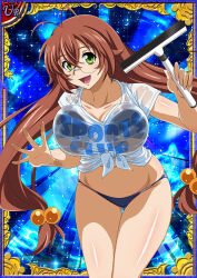 Rule 34 | 1girl, against glass, bikini, blue bikini, breast press, breasts, breasts squeezed together, brown hair, card (medium), day, glasses, green eyes, hair ornament, ikkitousen, large breasts, long hair, looking at viewer, micro bikini, official art, open mouth, ryuubi gentoku, shiny skin, shirt, smile, solo, swimsuit, thong, thong bikini, very long hair, wet, wet clothes, wet shirt