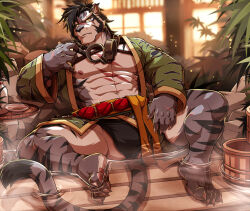 1boy abs absurdres alcohol animal_ear_fluff animal_ears bara barefoot belt black_fundoshi black_fur black_hair bottle bucket cat_nose claws closed_mouth commentary cuffs cup drks english_commentary fang fundoshi furry furry_male green_happi handcuffs handcuffs_around_neck highres japanese_clothes looking_at_viewer male_focus multiple_scars muscular muscular_male navel nipples onsen open_happi pawpads pectorals red_belt sakazuki sake sake_bottle scar scar_across_eye scar_on_chest scar_on_face scar_on_hand scar_on_nose sdorica sitting steam strap tail tiger_boy tiger_ears tiger_stripes tiger_tail wooden_bucket yao_(sdorica) yellow_belt yellow_eyes