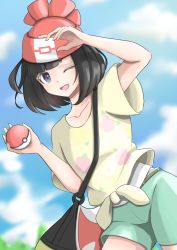 Rule 34 | 1girl, ;d, absurdres, beanie, black hair, cloud, commentary request, creatures (company), day, floral print, game freak, green shorts, hat, highres, holding, holding poke ball, mochitaro (mothitaroo), nintendo, one eye closed, open mouth, outdoors, poke ball, poke ball (basic), pokemon, pokemon sm, red hat, selene (pokemon), shirt, short shorts, short sleeves, shorts, sky, smile, solo, t-shirt, tied shirt, tongue