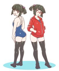 Rule 34 | 1girl, ass, black hair, black thighhighs, blue one-piece swimsuit, blunt bangs, blunt ends, closed mouth, expressionless, hair bobbles, hair ornament, hand on own thigh, hands in pockets, head tilt, highres, indie virtual youtuber, jacket, long sleeves, looking at viewer, magari (c0rn3r), multiple views, no shoes, one-piece swimsuit, open mouth, partially unzipped, red eyes, red jacket, school swimsuit, short hair, short twintails, simple background, skindentation, smile, standing, swimsuit, swimsuit under clothes, takajin-chan, thighhighs, track jacket, twintails, virtual youtuber
