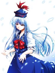 Rule 34 | 1girl, blue dress, blue hair, bow, closed mouth, dress, eyebrows, female focus, hat, kamishirasawa keine, long hair, puffy short sleeves, puffy sleeves, red bow, red eyes, short sleeves, simple background, solo, takana shinno, touhou, white background