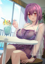 Rule 34 | 1girl, breast rest, breasts, fate (series), food, highres, ice cream, large breasts, purple hair, red eyes, scathach (fate), scathach skadi (fate), scathach skadi (swimsuit ruler) (fate), scathach skadi (swimsuit ruler) (second ascension) (fate), solo, thighs, torottye