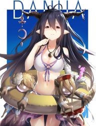 Rule 34 | 10s, 1girl, ahoge, antenna hair, bad id, bad pixiv id, bandaged arm, bandages, bikini, black hair, breasts, character name, cleavage, collarbone, cowboy shot, danua, doll, draph, front-tie bikini top, front-tie top, granblue fantasy, hair between eyes, half-closed eyes, hand up, highres, horns, innertube, jewelry, large breasts, long hair, looking at viewer, navel, necklace, parted lips, pointy ears, red eyes, shaded face, sola (solo0730), solo, swim ring, swimsuit, thigh gap, very long hair, white bikini