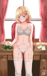Rule 34 | 1girl, absurdres, artist name, bare shoulders, blonde hair, blue eyes, bra, breasts, chair, collarbone, commentary, curtains, desk, garter belt, hair ornament, highres, hololive, hololive english, indoors, looking at viewer, medium breasts, navel, panties, red curtains, short hair, side-tie panties, solo, standing, thighhighs, underwear, underwear only, virtual youtuber, watson amelia, whin, white bra, white panties, white thighhighs, window