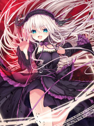 Rule 34 | 11eyes, 1girl, absurdly long hair, aqua eyes, clothes lift, dress, gothic lolita, headband, highres, kasane (cynthia), legs, lisette vertorre, lolita fashion, long hair, looking at viewer, open hand, open mouth, purple dress, red background, sitting, skirt, skirt lift, smile, solo, thighs, very long hair, white hair