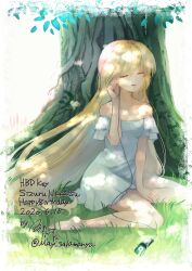 Rule 34 | 1girl, 2020, ^ ^, absurdres, bare shoulders, barefoot, between legs, blonde hair, border, breasts, character name, closed eyes, commentary request, dappled sunlight, dated, day, digital media player, dress, earphones, eyelashes, full body, grass, hair between eyes, hair down, hand between legs, hand up, happy birthday, highres, holding, holding earphones, ipod, long hair, may salamanya, nakatsu shizuru, nose, official alternate costume, official alternate hairstyle, on grass, open mouth, outdoors, rewrite, shirt, short dress, signature, simple background, sitting, small breasts, smile, solo, spoilers, straight hair, strapless, strapless dress, sundress, sunlight, tree, twitter username, under tree, very long hair, wariza, white background, white border, white shirt