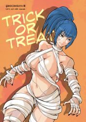 Rule 34 | 1girl, artist name, bandaged leg, bandages, blue eyes, blue hair, breasts, costume, earrings, halloween, halloween costume, highres, jewelry, large breasts, leona heidern, mummy, mummy costume, nail polish, patchwork skin, ponytail, rocohisaya, solo, stitched arm, stitched face, stitched torso, stitches, the king of fighters, trick or treat, zombie