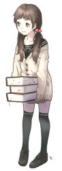 Rule 34 | 1girl, absurdres, black hair, black thighhighs, book, dicorndl, full body, green eyes, highres, holding, holding book, original, school uniform, simple background, solo, thighhighs, too many, too many books, twintails, white background