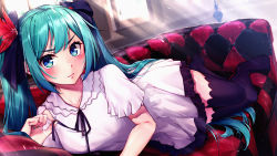 Rule 34 | 1girl, absurdres, black bow, black ribbon, black thighhighs, blue eyes, blue hair, blue nails, blush, bow, closed mouth, couch, dress, feather hair ornament, feathers, frilled dress, frills, frown, hair bow, hair ornament, hatsune miku, highres, indoors, long hair, looking at viewer, lying, marutenmaruten, nail polish, neck ribbon, on side, red feathers, ribbon, short dress, short sleeves, solo, sundress, sunlight, supreme (module), thighhighs, twintails, very long hair, vocaloid, white dress, world is mine (vocaloid), zettai ryouiki