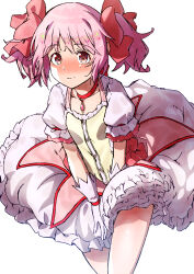 Rule 34 | 1girl, absurdres, cruzango0510, gloves, highres, kaname madoka, looking at viewer, mahou shoujo madoka magica, pink eyes, pink hair, short hair, simple background, solo, twintails, white gloves