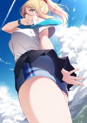 Rule 34 | 1girl, ass, black skirt, blonde hair, blue shorts, blue sky, blush, breasts, collared shirt, commission, highres, large breasts, long hair, looking at viewer, metroid, mku, necktie, nintendo, open mouth, pixiv commission, ponytail, samus aran, shirt, short sleeves, shorts, sidelocks, skirt, sky, solo, thighs, white shirt