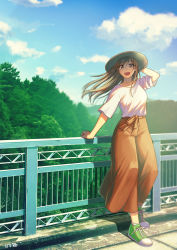 Rule 34 | 1girl, absurdres, against railing, arm behind head, blouse, blue sky, blurry, blurry background, brown eyes, brown hair, brown skirt, cloud, collarbone, commentary request, day, full body, green footwear, hair blowing, hat, highres, against railing, long hair, long skirt, looking at viewer, open mouth, original, outdoors, railing, raito (latek), shirt, shoes, short sleeves, skirt, sky, smile, sneakers, solo, standing, sun hat, teeth, tree, upper teeth only, white shirt