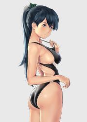 Rule 34 | 1girl, alternate costume, ass, bare arms, bare legs, bare shoulders, black hair, black one-piece swimsuit, blue eyes, blush, closed mouth, competition swimsuit, cowboy shot, grey background, hair between eyes, highres, houshou (kancolle), kantai collection, long hair, one-piece swimsuit, ponytail, simple background, solo, swimsuit, wa (genryusui)