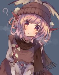 Rule 34 | 1girl, :o, ?, animal ears, beanie, breasts, breath, dress, eyes visible through hair, hair between eyes, hat, head tilt, highres, leaning forward, long sleeves, looking at viewer, mystia lorelei, open mouth, pink hair, puffy long sleeves, puffy sleeves, red eyes, scarf, shirt, short hair, simple background, slit pupils, solo, spoken question mark, touhou, usamata, v arms, white shirt, wide-eyed, wings