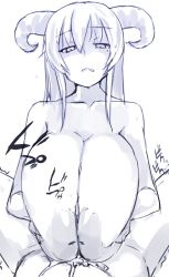Rule 34 | 1boy, 1girl, blue theme, breasts, commentary request, cum, daccubus (pen), demon girl, demon horns, ejaculation, ejaculation between breasts, frown, hair between eyes, hetero, horns, huge breasts, inverted nipples, large areolae, long hair, monochrome, nipples, nude, original, paizuri, parted lips, pen (pen3), simple background, solo focus, trembling, white background
