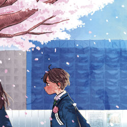 Rule 34 | 1boy, ahoge, backlighting, black eyes, blazer, blue jacket, blue sky, blush, boutonniere, breast pocket, brown hair, cherry blossoms, closed mouth, commentary request, dappled sunlight, day, film grain, floating hair, flower, green necktie, highres, jacket, kawai chihiro, light frown, long hair, long sleeves, looking away, male focus, necktie, out of frame, outdoors, petals, pink flower, pocket, school uniform, shade, sideburns, signature, sky, solo focus, spring (season), sunlight, tareme, tree, tree shade, upper body, walking, wind, wing collar