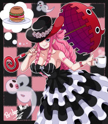 Rule 34 | 1girl, absurdres, artist request, bare arms, bare shoulders, black dress, black eyes, breasts, cleavage, cup, dress, drill hair, eyes visible through hair, food, hat, highres, holding, holding cup, holding umbrella, horo horo no mi, large breasts, long hair, looking to the side, one piece, perona, pink hair, shiny skin, simple background, smile, thinking, umbrella, very long hair