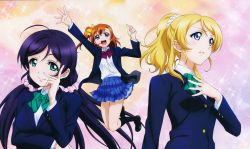 Rule 34 | 10s, 3girls, :d, absurdres, ahoge, arm up, ayase eli, blazer, blonde hair, blue eyes, bow, brown hair, green eyes, hair bow, hand on own chest, highres, jacket, kneehighs, kosaka honoka, legs, loafers, long hair, love live!, love live! school idol project, low twintails, multiple girls, non-web source, official art, open clothes, open jacket, open mouth, orange hair, otonokizaka school uniform, parted lips, pleated skirt, purple hair, school uniform, shoes, skirt, smile, socks, tojo nozomi, twintails, yamashita hidemi