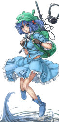 Rule 34 | 1girl, backpack, bag, blue eyes, blue hair, boots, colored eyelashes, fingerless gloves, freckles, gloves, hair bobbles, hair ornament, hat, headphones, headphones removed, highres, kawashiro nitori, key, looking at viewer, matching hair/eyes, navel, radio antenna, short hair, short twintails, sketch, skirt, skirt set, smile, solo, touhou, twintails, two side up, watch, wristwatch, yossyzero, zipper