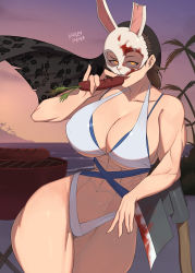 Rule 34 | 1girl, abs, barleyshake, bikini, blood, breasts, carrot, dead by daylight, highres, holding, hooked on you, large breasts, long hair, looking at viewer, mask, muscular, muscular female, open mouth, rabbit mask, smile, solo, swimsuit, the huntress (dead by daylight)