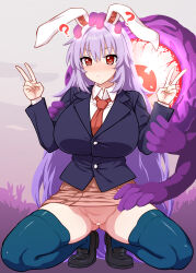 Rule 34 | 1girl, ?, ??, absurdres, animal ears, black hair, black jacket, blazer, blue thighhighs, breasts, clothes lift, collared shirt, double v, hand on another&#039;s head, highres, huge breasts, itou yuuji, jacket, loafers, long hair, monster, necktie, no panties, purple hair, pussy, rabbit ears, red eyes, red necktie, red skirt, reisen udongein inaba, shirt, shoes, skirt, skirt lift, squatting, thighhighs, touhou, udonge in interspecies cave, v, white shirt