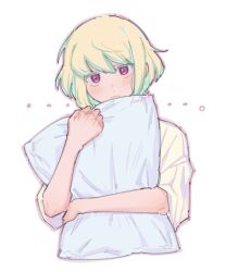 Rule 34 | ..., 1boy, androgynous, blush, closed mouth, green hair, hair between eyes, highres, kome 1022, lio fotia, looking at viewer, male focus, hugging object, pillow, pillow hug, pink eyes, promare, shirt, short hair, short sleeves, simple background, solo, upper body, white background, white shirt