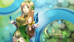 Rule 34 | 1girl, :d, artist name, blonde hair, breasts, chig, clover, clover hair ornament, cowboy shot, crystal, dille blood, dlsite.com, dress, green dress, green eyes, hair ornament, hairband, hands up, highres, large breasts, long hair, looking at viewer, open mouth, smile, solo, tareme, thighs, very long hair, wallpaper, watermark, web address