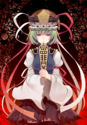 Rule 34 | 1girl, armband, black thighhighs, breasts, crote, female focus, frills, garter belt, green hair, hat, holding, long sleeves, pink eyes, ribbon, rod of remorse, shiki eiki, shirt, short hair, skirt, solo, thighhighs, touhou, wide sleeves