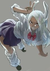 Rule 34 | 1girl, absurdres, animal ears, bent over, black footwear, blue skirt, boku no hero academia, bow, bowtie, breasts, collarbone, collared shirt, dark-skinned female, dark skin, grey background, hand up, hanging breasts, highres, large breasts, long eyelashes, long hair, looking at viewer, loose bowtie, loose socks, mirko, nail polish, parted bangs, parted lips, pleated skirt, ppaparibo, rabbit ears, rabbit girl, red bow, red bowtie, red eyes, school uniform, shirt, shirt tucked in, skirt, sleeves rolled up, smile, socks, solo, thighs, v, white hair, white nails, white shirt