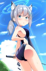 Rule 34 | 1girl, adjusting clothes, adjusting swimsuit, animal ear fluff, animal ears, ass, black one-piece swimsuit, blue archive, blue eyes, blue sky, breasts, cloud, competition swimsuit, cowboy shot, cross hair ornament, day, extra ears, fishing rod, from behind, grey hair, hair ornament, halo, highres, inakami, looking at viewer, looking back, low ponytail, medium breasts, medium hair, mismatched pupils, multicolored clothes, multicolored swimsuit, official alternate costume, one-piece swimsuit, outdoors, shiroko (blue archive), shiroko (swimsuit) (blue archive), sky, solo, swimsuit, wolf ears