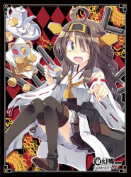 Rule 34 | 10s, 1girl, ;d, ahoge, blush, boots, brown hair, burning love (phrase), cup, detached sleeves, english text, food, hairband, highres, japanese clothes, kantai collection, kongou (kancolle), long hair, looking at viewer, nontraditional miko, one eye closed, open mouth, personification, pointing, pointing at viewer, ribbon-trimmed sleeves, ribbon trim, satou kibi, smile, solo, tea, teacup, teapot, thigh boots, thighhighs, tray, wink, zettai ryouiki