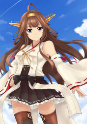 Rule 34 | 10s, 1girl, absurdres, bare shoulders, blue sky, boots, brown hair, cloud, cowboy shot, day, detached sleeves, double bun, gensoukitan, grey eyes, hairband, headgear, highres, japanese clothes, kantai collection, kongou (kancolle), long hair, nontraditional miko, ribbon-trimmed sleeves, ribbon trim, skirt, sky, solo, thigh boots, thighhighs