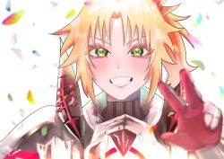 Rule 34 | 1girl, absurdres, armor, bare shoulders, blonde hair, blush, braid, confetti, fate/grand order, fate (series), gonburu juan, green eyes, hair ornament, hair scrunchie, highres, long hair, looking at viewer, mordred (fate), mordred (fate/apocrypha), open mouth, ponytail, red scrunchie, scrunchie, short hair, smile, solo, teeth, v