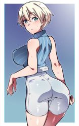 Rule 34 | 1girl, ass, bike shorts, blonde hair, blue background, blue eyes, blush, border, brave witches, breasts, covered erect nipples, em (totsuzen no hakike), large breasts, looking at viewer, looking back, nikka edvardine katajainen, open mouth, short hair, shorts, simple background, solo, white border, white shorts, world witches series
