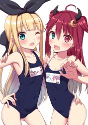Rule 34 | 2girls, ahoge, blonde hair, blue eyes, blush, bow, breasts, collarbone, commentary request, competition school swimsuit, crescent, crescent hair ornament, demon horns, fang, fuji yoshida, hair between eyes, hair bow, hair ornament, heterochromia, highres, horns, looking at viewer, mononobe alice, multiple girls, nijisanji, one eye closed, open mouth, red hair, school swimsuit, simple background, small breasts, swimsuit, virtual youtuber, white background, yuzuki roa