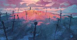 Rule 34 | anato finnstark, artist name, berserk, cloud, cloudy sky, commentary, dragonslayer (sword), dusk, english commentary, evening, field of blades, greatsword, highres, hill, no humans, orange sky, outdoors, planted, planted sword, planted weapon, scenery, sky, sword, weapon, weapon focus