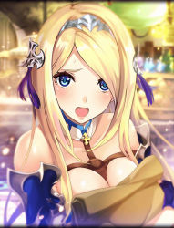 Rule 34 | armor, artist request, bag, between breasts, blonde hair, blue eyes, blush, breasts, cleavage, detached collar, detached sleeves, dragon genesis, hair ornament, headband, holding, holding bag, large breasts, official art, open mouth, phantom of the kill