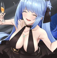 Rule 34 | 1girl, azur lane, bare shoulders, black dress, black ribbon, blue hair, breasts, breasts apart, champagne flute, chuu (rinet), cleavage, closed eyes, collarbone, commentary request, cup, dress, drinking glass, drunk, essex (azur lane), essex (craft fairytail) (azur lane), evening gown, from above, hair ribbon, halter dress, halterneck, highres, jewelry, large breasts, necklace, official alternate costume, one side up, open mouth, ribbon, sidelocks, sleeveless, sleeveless dress, smile, solo, squeans