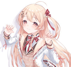 Rule 34 | 1girl, ahoge, blonde hair, brown dress, dress, fortissimo, hair ornament, highres, hololive, hololive dev is, jacket, kanae (inorin05kanae), long hair, looking at viewer, musical note, musical note hair ornament, otonose kanade, red eyes, side ponytail, smile, solo, virtual youtuber, white background, white jacket