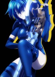 Rule 34 | 10s, 1girl, blue hair, breasts, cross, high school dxd, highres, jewelry, large breasts, looking at viewer, necklace, short hair, simple background, solo, stitched, sword, third-party edit, weapon, xenovia quarta, yellow eyes