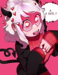 1girl, bbizim03, black horns, black jacket, black legwear, black miniskirt, black skirt, black suit, black tail, blush, breasts, business suit, curly hair, demon girl, demon horns, demon tail, formal, hands together, heart, heart-shaped pupils, helltaker, horns, jacket, large breasts, long sleeves, looking at viewer, medium hair, miniskirt, modeus (helltaker), monster girl, open mouth, pink background, red eyes, red legwear, red sweater, ribbed shirt, shirt, short hair, simple background, skirt, sleeves past wrists, smile, solo, speech bubble, standing, suit, sweat, sweatdrop, sweater, symbol-shaped pupils, tail, tongue, tongue out, turtleneck, white hair