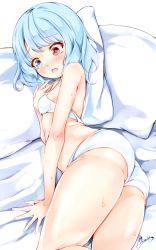 Rule 34 | 1girl, ass, bad id, bad pixiv id, blue eyes, blue hair, blush, bra, breasts, eyebrows, flat ass, full-face blush, heterochromia, highres, lying, maremay0513, matching hair/eyes, on bed, on side, open mouth, panties, pillow, red eyes, short hair, small breasts, solo, sweat, tatara kogasa, tears, tongue, touhou, underwear, underwear only, white panties