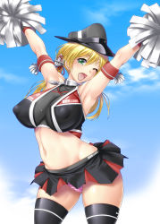Rule 34 | 10s, 1girl, ;d, anchor hair ornament, arm warmers, armlet, armpits, arms up, ayato, bare shoulders, black skirt, black thighhighs, black vest, blonde hair, blue eyes, blue sky, blush, breasts, cheerleader, clothes writing, cloud, collar, contrapposto, covered erect nipples, cowboy shot, curvy, day, dmm, green eyes, hair ornament, hat, head tilt, highres, kantai collection, large breasts, looking at viewer, midriff, navel, one eye closed, open mouth, panties, pantyshot, peaked cap, pink panties, pom pom (cheerleading), prinz eugen (kancolle), short hair, short twintails, skindentation, skirt, sky, smile, solo, sportswear, standing, stomach, tareme, thighhighs, tongue, twintails, underwear, uniform, vest, watermark, web address, wide hips