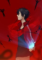 Rule 34 | 1boy, bags under eyes, black hair, cellphone, earphones, highres, jacket, jersey, kagerou project, kisaragi shintarou, male focus, phone, red background, red eyes, saree m, scarf, scissors, short hair, smartphone, smile, solo, track jacket